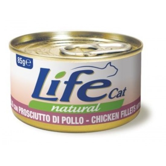 Life Cat Chicken Fillets with Chicken Ham Natural - konservi kaķiem ar vistu un vistas šķiņķi 6 x 85g Life Cat Chicken Fillets with Chicken Ham Natural - konservi kaķiem ar vistu un vistas šķiņķi 6 x 85g