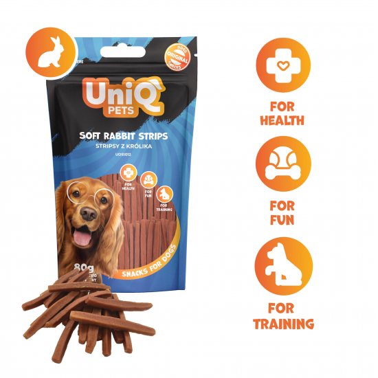 UNIQ PETS dog snacks soft rabbit strips - gardums suņiem mīkstas trušu strēmeles 80g UNIQ PETS dog snacks soft rabbit strips - gardums suņiem mīkstas trušu strēmeles 80g